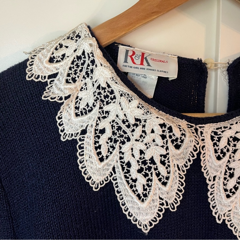 Vintage Navy Blue Sweater with Lace Collar - Picture 4 of 6
